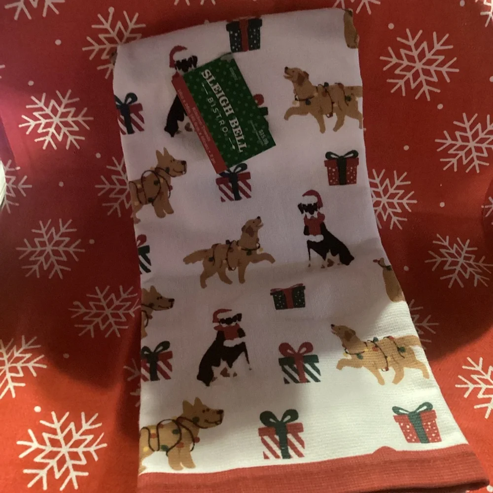 Sleigh Bell Bistro Kitchen Towels - set of 2 - featuring Christmas Dogs!